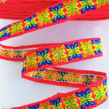 Red Cotton Fabric Trim With Blue, Orange Yellow & Green Embroidery, Boho trim